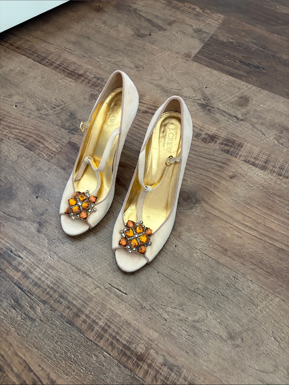 J. Crew Cream Peep-Toe Heels with Orange Jewel Cluster